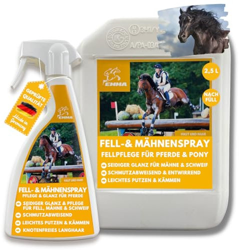 EMMA Spray per criniera per cavalli, pony, 2,5 l, 500 ml, spray lucido e pettinabilità, criniera, coda, spray per cavalli, cura del pelo del cane, per la cura dei cavalli, spray per criniera per