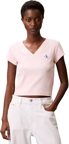 Calvin Klein Camiseta de Manga Corta Mujer Woven Label Rib tee con Cuello de Pico