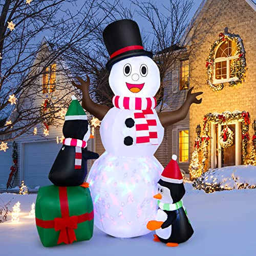 GOPLUS 180cm aufblasbarer Schneemann, Schneemann mit bunt rotierenden LED-Lichtern, Weihnachtsdekoration mit Pinguinen, Weihnachtsfiguren Weihnachtsdeko XXL für aussen innen, Weiß