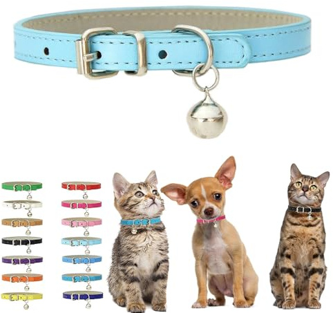 Collare per gattini blu cielo con campanellino, collare in morbido pelle PU regolabile con fibbia per cani di taglia XXS XS extra piccola, piccola, media, minuscola, per cani femmina, maschio, ragazzi