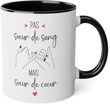 Mug en Céramique Personnalisé - Cadeau Original Meilleure amie -Pas sœur de sang mais sœur de cœur - Tasse Café Thé avec Prénom ou Message - Idée Cadeau Personnalisée amitié - France (N°2 NOIR)