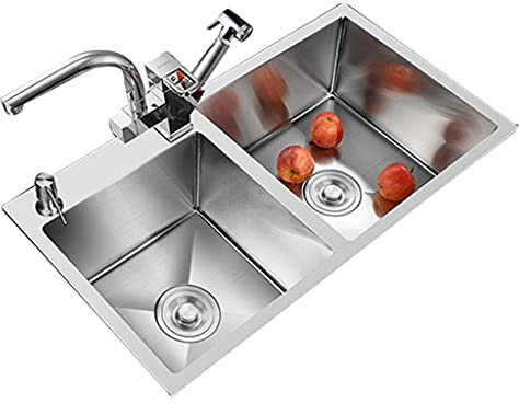 SFNIOKFG Küchenspülen 304 Edelstahl-Waschbecken, Badezimmer-Edelstahl-Doppelwaschbecken, 21 cm, vertieftes Waschbecken, Badezimmer-Waschbecken mit Wasserhahn (Farbe: Silber, Größe: 78 x 43