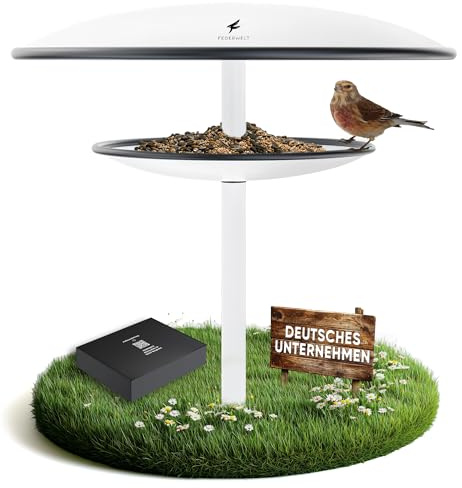 FEDERWELT Vogelhaus mit Ständer wetterfest, rostfrei aus Stahl [XXL 40cm Dach] 2in1 Vogelfutterhaus und Vogeltränke Winterfest | Vogelfutterspender für Vögel | Moderne Garten Deko | Lichtgrau