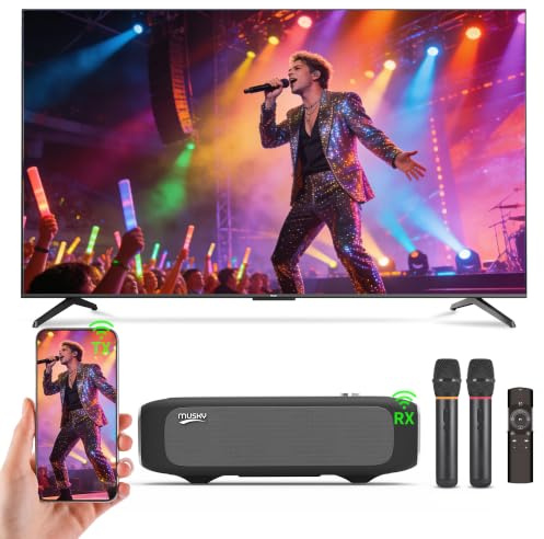 MUSKY Máquina de karaoke inteligente para adultos, con espejo de pantalla, 2 micrófonos inalámbricos, sistema de karaoke inteligente externo, altavoz Bluetooth profesional, altavoz de karaoke para