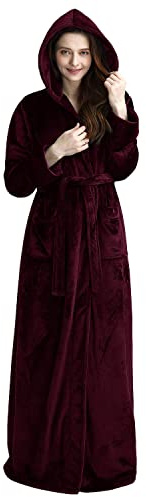 Artfasion Women Hood Plush Robes: Long Soft Warm Full Length Bathrobes Luxurious Fluffy Fleece Winter Bath Robes Wine with Pockets for Mom Wife Friends Shower Spa Gifts (Wine Red 2X-Large)
