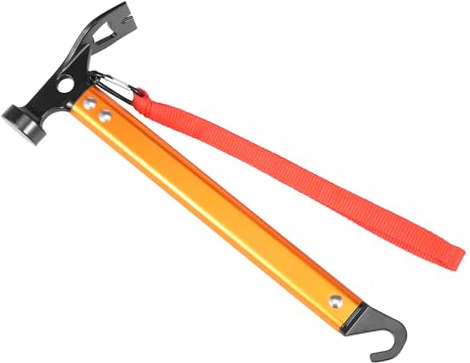 Camping Hammer Heavy Duty - Tent Stake Remover with Hook, High Steel Tent Hammer Peg Puller Extractor Tool, with Holding Strap(Orange)
