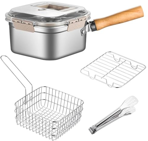 Juego de freidora, olla de acero inoxidable con colador y mango extraíble antiquemaduras para tempura, papas fritas y pollo