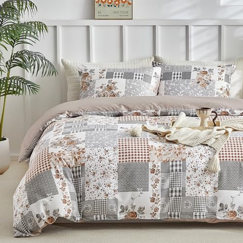 Tokokimo Set Copripiumino Matrimoniale 240x220 cm, Copripiumino Matrimoniale 3 Pezzi Motivo Patchwork Pattaya in Morbida Microfibra, Completo con 1 Copripiumino + 2 Federe 50x80 cm, Khaki