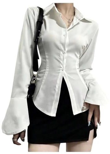 GORGLITTER Women's Asymmetrical Lace Up Back Blouses Bell Sleeve Button Front Collared Fitted Dressy Shirts White Large