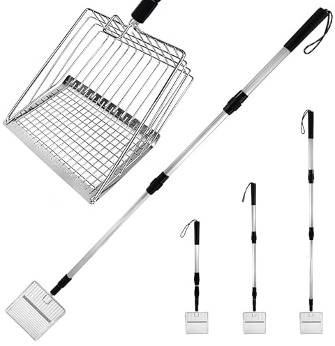 VGECEE Hühnerkotschaufel Katzenstreuschaufel mit Langem Griff, Kotschaufel Katze Hühner Pooper Scooper 3 Einstellbare Längen 55.5/84/98cm Streuschaufel Hühner Siebschaufel Katzenklo Schaufel Metall