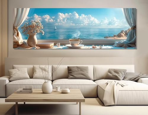 Stampa su tela con dipinto Finestra con vista sul mare, poster con paesaggio del caffè mattutino, murale con decorazione murale nautica, arredamento moderno per la casa (50x150 cm/senza cornice)