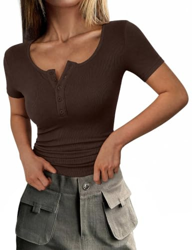 Totatuit Womens Ribbed T Shirt Short Sleeve Scoop Neck Slim Fit Top | Ladies Summer Basic Tee Henley Button Front Lightweight Stretch Casual Tops for Women UK Everyday Wear