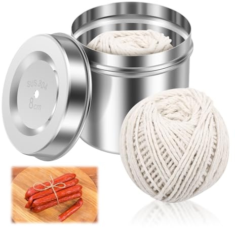 2Pcs Cotton String Balls,Kitchen Twine with Stainless Steel Storage Container,130M Butchers String White Twine for Meat, Cooking, Gardening, DIY, Crafting, and Gift Wrapping(65M Each)