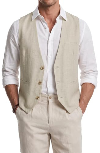 HISDERN Chaleco de hombre de verano de algodón y lino para traje ideal para bodas fiestas y negocios con bolsillos