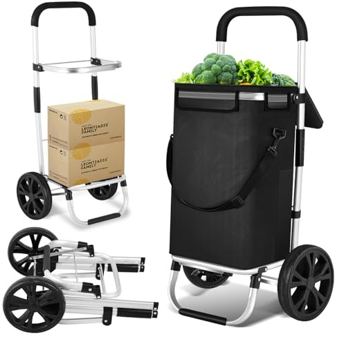 Peviasot shoppingvagn, hopfällbar med kylfack, 40L kapacitet & upp till 40kg belastbar | Vikbar shoppingvagn med avtagbar väska, stabil aluminiumram & robust Oxford-tyg | Svart