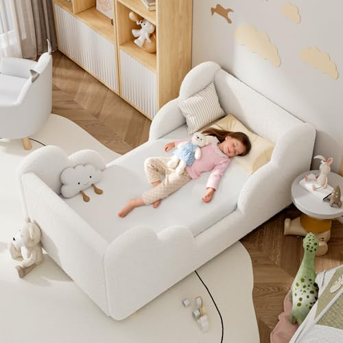 Meulbaty Toddler Bed, Toddler Floor Bed Upholstered, Low Profile Kids Beds with Safety Guardrails, Toddler Bed Frame with Wood Slats for Girls Boys Children Aged 3-7 Years Old - Crib Size/White