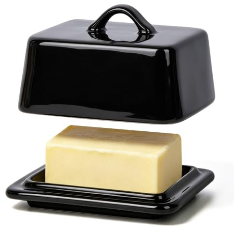 HONZUEN Butter Dish with Lid, 250g Ceramic Butter Keeper, Black | Holds 250g butter blocks | Compact design with handle | Keeps butter fresh | Counter & fridge storage | Dishwasher safe