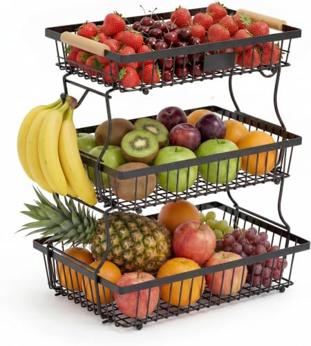 Dexpally Frutero de Cocina De 3 Pisos con 2 Soportes para Plátanos, Cesta para Almacenar Frutas, Cebollas, Patatas, Pan, Aperitivos y Verduras
