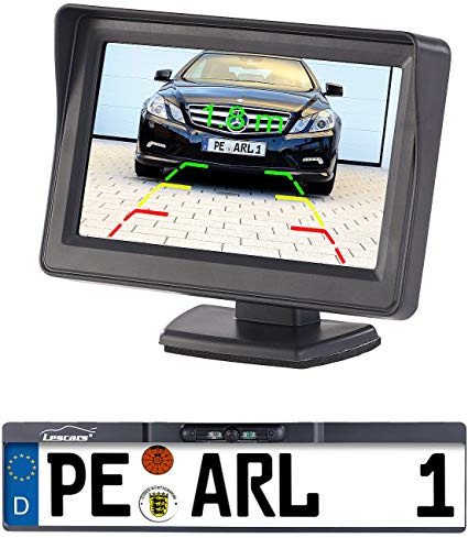 Lescars Funk Rückfahrkamera: Funk-Rückfahr-Kamera im Nummernschild-Halter mit 10,9-cm-TFT-Monitor (Rückfahrkamera drahtlos, mit Monitor, HD)