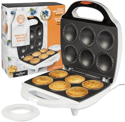 MasterChef Mini Pie & Quiche Maker- Baker Cooks 6 Small Pies or Quiches in Minutes- Non-stick Cooker w Dough Cutting Circle for Easy Measurement & Filling, Must Have Machine for Desserts & Appetizers