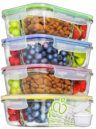 PrepNaturals 4 Pack 34oz Glass Meal Prep Containers - 3 Compartments