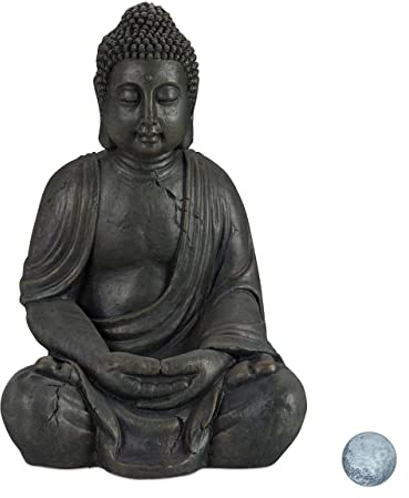 Relaxdays Statue de Buddha Figurine de Bouddha décoration Jardin Sculpture céramique Zen 70 cm, foncé, Gris/argenté/métallique