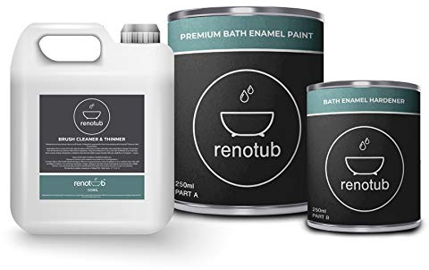 Renotub Premium 2K Bath Resurfacing Repair Enamel Paint + Brush Cleaner and Thinner Kit- Brilliant White - Bathtub - Shower Tray - Sink - Tiles