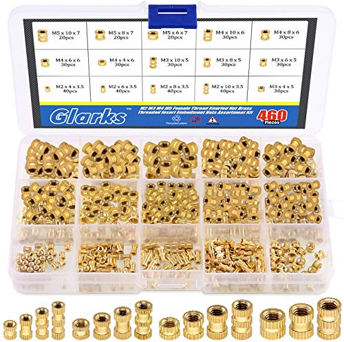 Glarks - Set di 460 dadi filettati femmina M2 M3 M4 M5 in ottone zigrinato con inserto filettato per lavori di stampa 3D