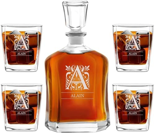 Maverton Ensemble de Carafes Personnalisés a Whisky Rhum Cognac Avec 4/6 | Verres a Whisky Gravés pour femmes, 700 ml Service Universel Verre Whisky et Carafe, Lettre