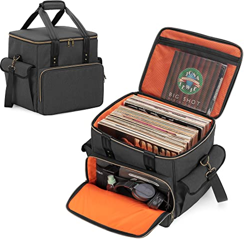 Trunab Tasche für Schallplatten, Wasserdichtes Nylon Tasche für Vinyl Record LPs Aufbewahrungsbox, Verbesserte Kompatibel mit 60 LPs, Leichte, Robuste, Große Kapazität, mit Schultergurt und Griff