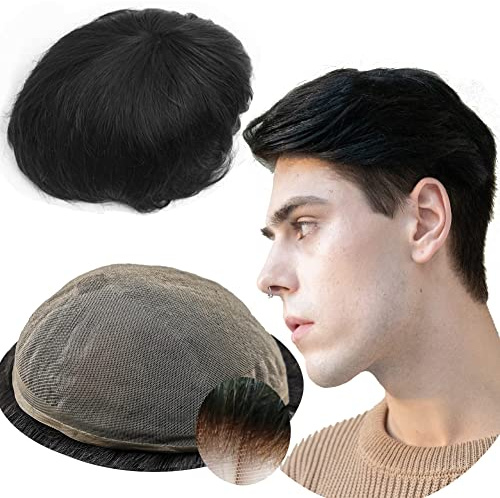 Echthaar Toupet für Männer,Yanahair Glattes Haar dünne französische Spitze Gebleicht Knoten natürlichen Haaransatz Perücken Haarsystem Europäische Echthaar Toupet Perücke Mann(#1B Natürliche schwarz)