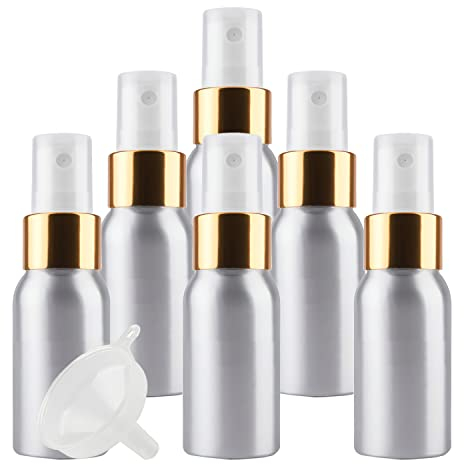 ZEOABSY 6 Pieces Empty 30ml Silver Aluminium Spray Bottle Refillable Aluminum Bottles with Gold/White Fine Mist Sprayer Metal Spray Bottles for Perfume Hair Garden Travel, Funnel