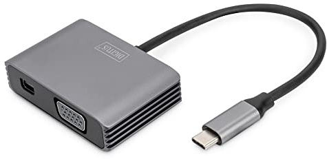 DIGITUS Adaptador gráfico USB-C - USB-C a Mini DisplayPort y VGA - UltraHD 4k/30Hz - DisplayPort 1.4 - Longitud de Cable 20cm - Plug & Play - Gris