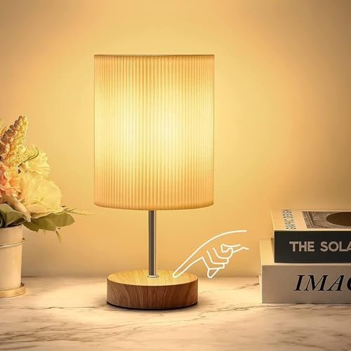 Aomeya Bedside Lamps, Touch Control Table Lamp 3-Way Dimmable Small Lamp with 3D Pleats Fabric Shade LED Minimalist Nightstand Warm White for Christmas Xmas Bedroom Living Room (1, Wood)