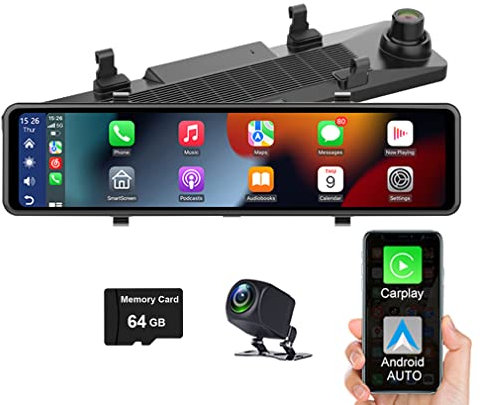 XRC TECH Carplay Android Auto Dashcam Rückspiegel 12 Zoll 2K + 1080P Dual Kameras WIFI BT Musikfunktion Sprachsteuerung Zeitraffer-Video (64 GB TF-Karte im Lieferumfang enthalten)