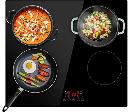 4 Zones 59cm Glass Electric Ceramic Hob in Black, Built-in worktop & Touch Controls,6000W