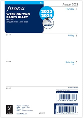 Filofax A5 Woche auf zwei Seiten, Mitte des Jahres, 23. August – 24. Juli