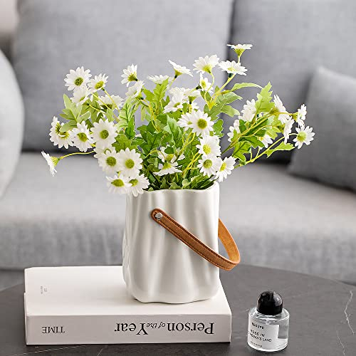 DONJIM White Ceramic Vase, 6 Inch, Wide Mouth with PU Handle, Scandinavian Style, Home Decor