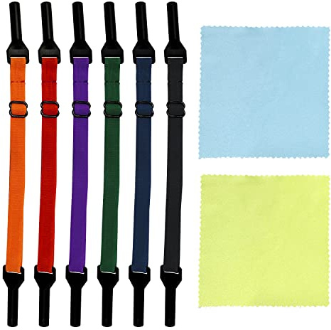 6 cuerdas elásticas para gafas con 2 paños de limpieza, correas ajustables, accesorios antideslizantes, adecuado para hombres, mujeres y niños (6 colores)