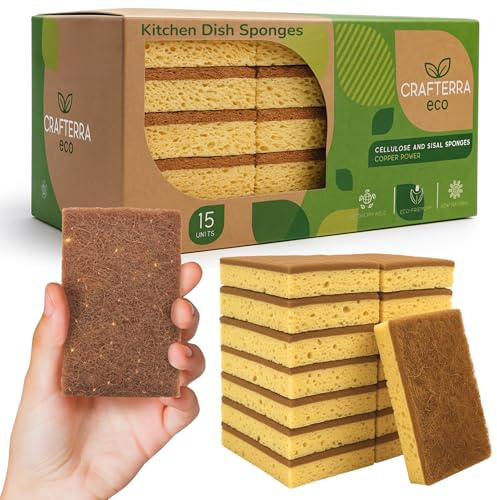 Esponjas biodegradables de limpieza ecológica para platos y baños. Esponja de sisal antibacteriana con infusión de celulosa natural sostenible y cobre. 15 unidades
