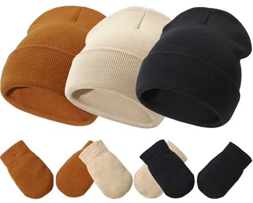 Baby Hats and Mittens Set Infant Toddler Beanie Caps Hospital Hat Set Newborn Gloves for Baby Boys Girls Khaki/Caramel/Black S