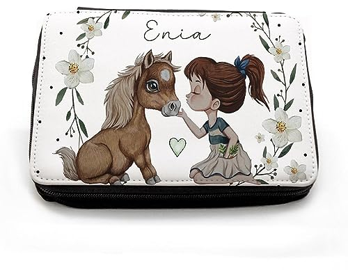 ilka parey wandtattoo-welt Gefüllte Federtasche Mädchen mit Pony Pferd Schulstart Einschulung Federmappe individuelles Federmäppchen & Wunschnamen fm262