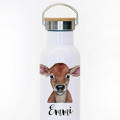 Trinkflasche Isolierflasche Trinkbecher Kuh Kalb & Namen personalisiert nachhaltig mit Bambusdeckel tbd16 - ausgewählte Größe: *Trinkflasche 750ml*
