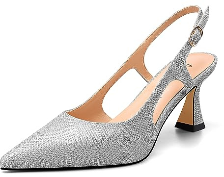 Aachcol Mujer Slingback Medio Aguja Heel Puntiaguada Punta Pumps Glitter Dress Cierre con Hebilla Correa Tobillo Baile 6.5 CM Heels Plateado 43 EU