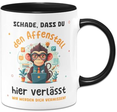 Tasse zum Abschied - Schade, dass Du den Affenstall hier verlässt - Kaffeetasse lustig mit Spruch als Abschiedsgeschenk für Kollegen, Kollegin zum Jobwechsel (Schwarz)