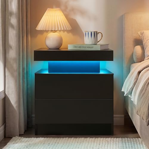 Cubehom LED Nachttisch Nachtschrank mit Led Licht, Modern Nachtkommode mit 2 Schubladen für Wohnzimmer, Schlafzimmer (Schwarz, 1)