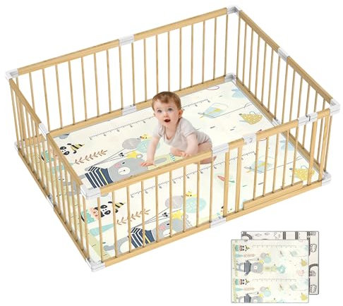 GERCHAM Parque Infantil Bebe 120x160cm, Corralito Bebe de Madera con Colchon, Pino Macizo, Seguro Sin Pintar, con Puerta, 8 Paneles, Forma y Tamaño ajustables