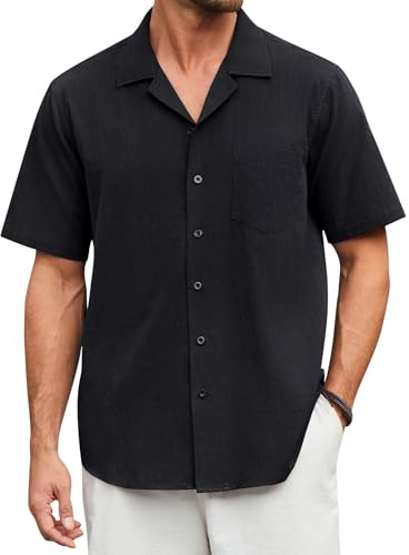 Enlision Camisa Lino Negra Hombre Manga Corta Verano Casual Camisas Cubana Hombre Regular Elegante de Algodón Lino para Las Vacaciones M