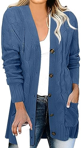 Strickjacke Damen Leichte Strickjacken Für Damen mit Taschen und Knöpfen Cardigan Elegant Strickpullover Langarm Casual Strickmantel Frauen Open Front Mantel Winter Schulterjacke Pullover