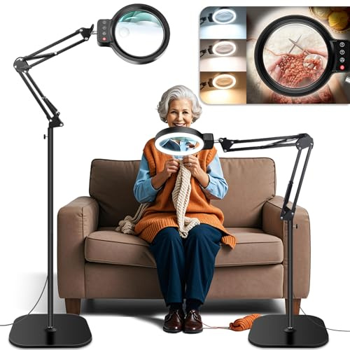 30X 10X Large Floor Magnifying Glass with Light and Stand,72 LED Adjustable Height Floor Magnifying Lamp,2 in 1 Lighted Magnifiers for Close Work, Sewing,Crafts,Hobbies,Reading (Black)
